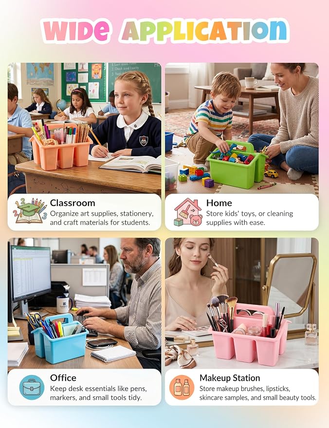 6 Pack Classroom Caddy Organizer with Handle, Table Caddy Classroom | 4 Compartments, 9×6.3×6.7 inches, Thick Durable PP Plastic, Built-in Handle, Stackable Design, for Classroom Desk Office Home
