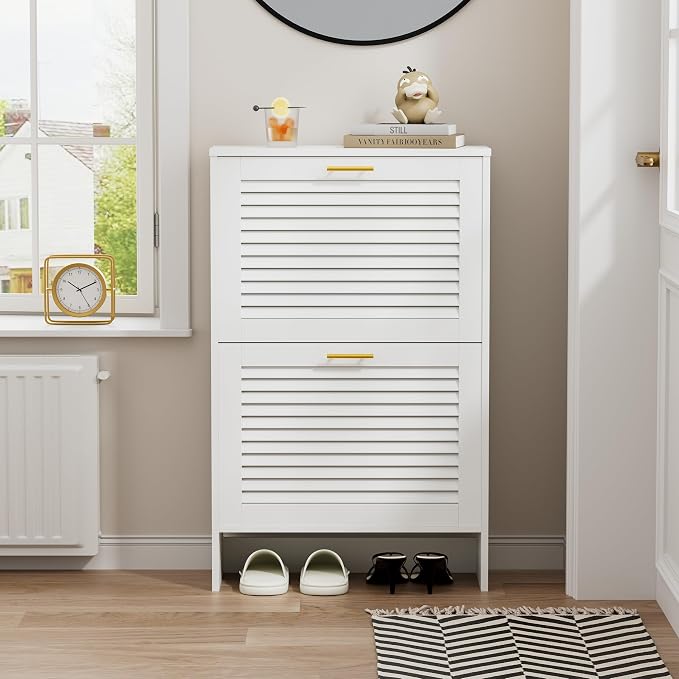 Narrow Shoe Cabinet Storage for Entryway, White | Freestanding Shoe Organizer with 2 Flip Drawers, Louvered Doors, Anti-tip Device, Modern Show Rack