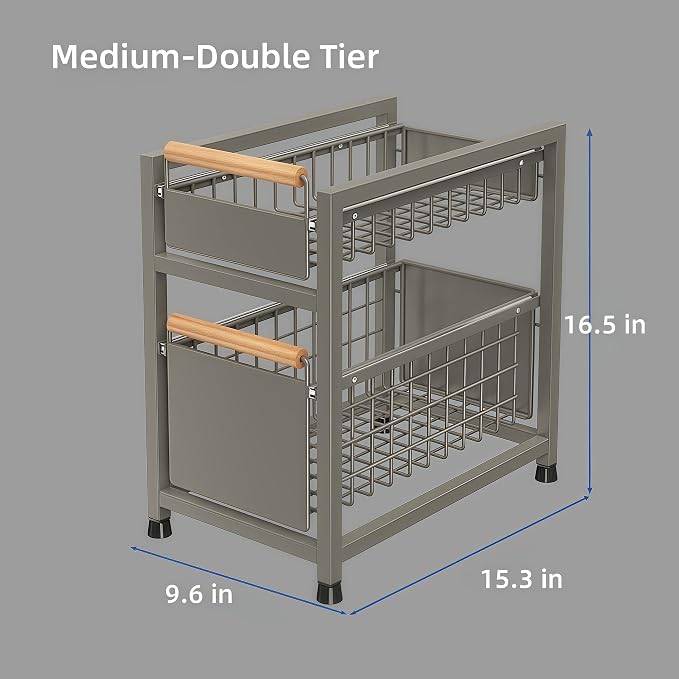Pull Out Cabinet Organizer, Pull Out Basket Drawers for Cabinets, Slide Out Basket Drawers for Kitchen Cabinets, Under Sink Organizer for Kitchen, Bathroom (Grey Medium Double-tier)