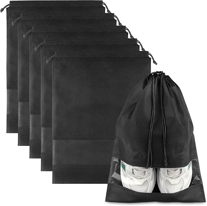 Large Shoe Bags for Packing with Clear Window, 17.3" X 12.6" Dustproof Drawstring Travel Shoe Storage Bags for Men & Women (5, Black)