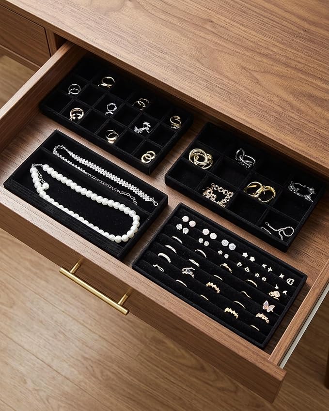 Jewelry Organizer Trays Set of 8,Velvet Jewelry Tray Stackable Storage Drawer Trays for Earring Ring Necklace Jewelry Display Case for Women(8 Set,Black)