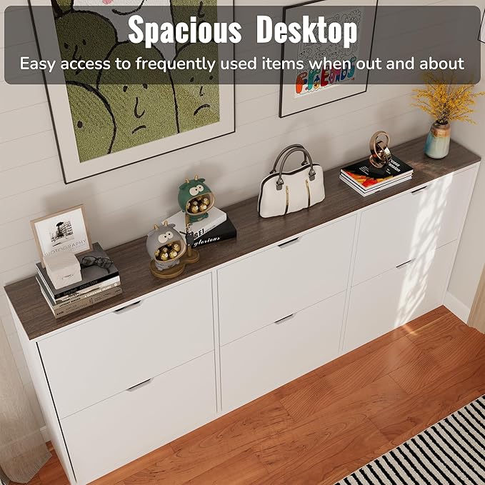 Mekminop 70.9" W Large Shoe Storage Cabinet with 6 Flip Drawers, White Shoe Organizer Cabinet for Up to 36 Pairs, Narrow Shoe Cabinet for Entryway, Hallway, Living Room