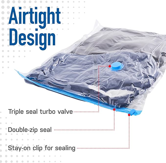 6 Pack Variety Vacuum Seal Bags for Clothing, Travel, Blankets & Comforters - Compression Bag with Hand Pump - Space Saver Vacuum Storage Bags for Bedding, Moving, Travel & Organization (2M, 2L&2XL)