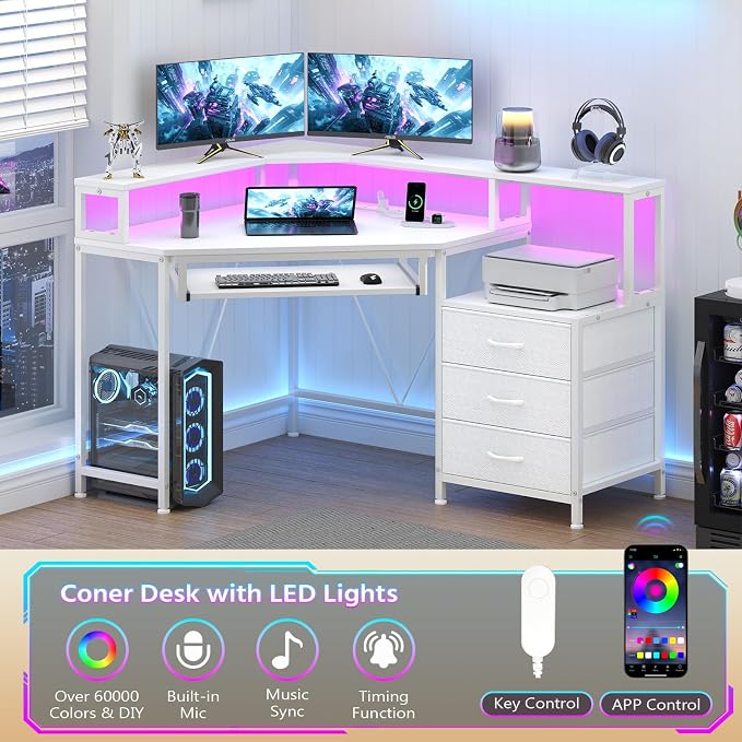 47" Corner Desk with Drawers, Power Outlets ＆ Printer Shelf for Small Space | Small Computer Desk with Monitor Stand, Triangle Gaming Desk with LED Lights and Keyboard Tray, White