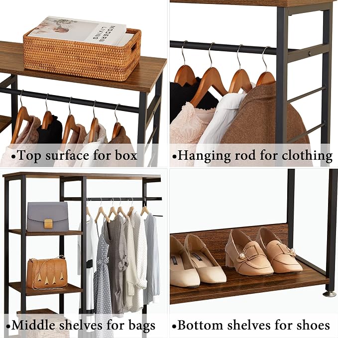 VECELO Open Garment Clothing Rack, Free-Standing Heavy Duty Storage Closet with 5 Shelves and Hanging Rod for Small Spaces, Max Load 350LBS, Brown