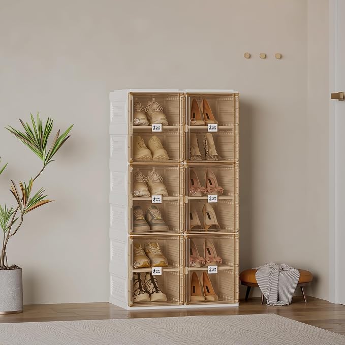ANTBOX Shoe Organizer Storage Box, Portable Folding Shoe Rack For Closet With Magnetic Clear Door,Large Sneaker Cabinet Bins Sturdy Easy Assembly 6 Layers-12 Grids