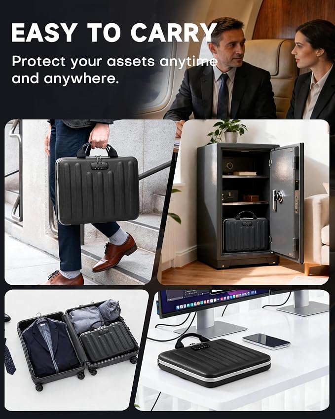 DOZAWA Fireproof Document Box, Waterproof Hard File Organizer with Lock | UL-94 VTM-0 certified 8-layer document box withstands up to 5200°F, featuring waterproof zippers for total file safety, Black