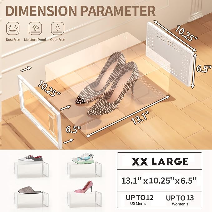 Snaxo 12 Pack XX-Large Clear Shoe Storage Boxes, Stackable Modular Plastic Shoe Organizer Front-Opening Door, Ventilated Dust-Proof Sneaker Display Case Closet, Entryway, White