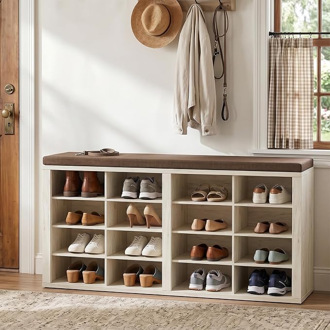 Shoe Rack Bench, Shoe Storage Bench with Cushion, Shoe Organizer 16 Cubbies for Entryway Hallway Bedroom Living Room, Holds Up to 400lbs