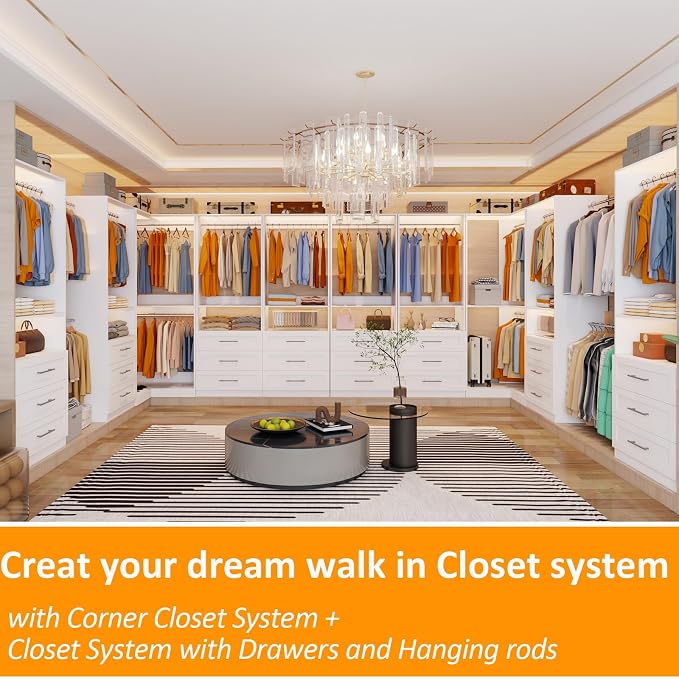 Closet System with 3 Wooden Drawers, 4.5-6FT Corner Closet Organizer System for Walk in Closet, Heavy Duty Modular Closet Systems, Built-in Shelving System with 5 Hanging Rods, 2-Piece Set