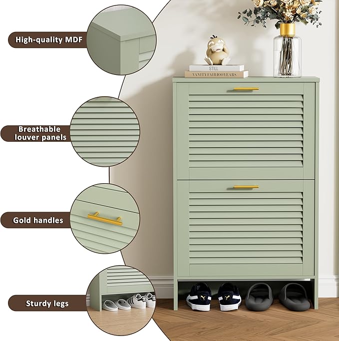 Narrow Shoe Cabinet Storage for Entryway, Sage Green | Freestanding Shoe Organizer with 2 Flip Drawers, Louvered Doors, Anti-tip Device, Modern Show Rack