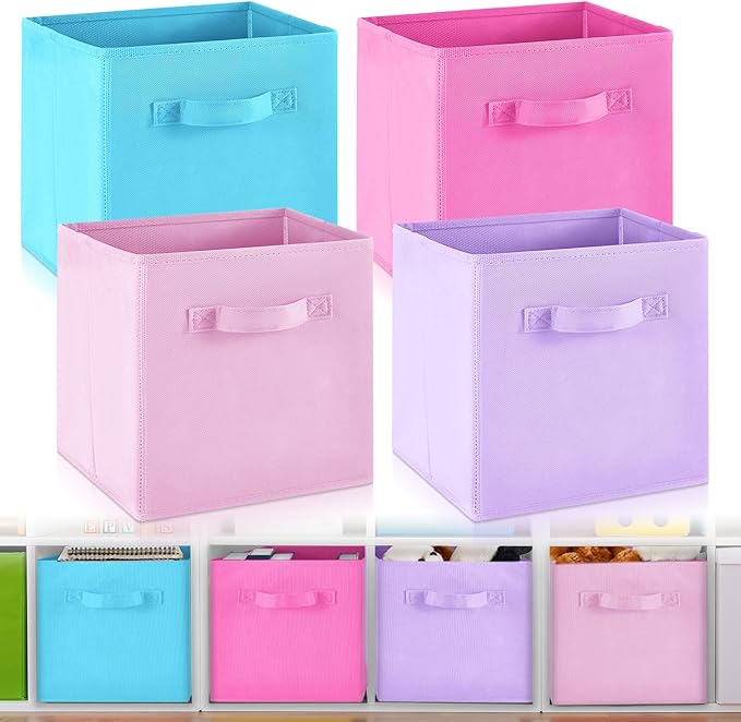 Yinder 4 Pcs Cube Storage Bin 10.5''x10.5''x11'' Storage Bins for Playroom Decor Colorful Bins for Kids Purple Foldable Baskets for Nursery Organizer Boxes Fabric Boxes(Blue, Purple, Pink, Rose Red)