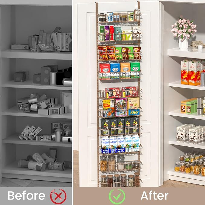 ElegantArray 9-Tier Pantry Door Organizer, Brown | Over The Door Pantry Organizer Rack and Storage, Hanging Spice Rack Shelves Door, Home Office Laundry Room Bathroom & Kitchen