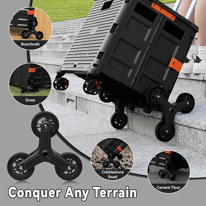 Foldable Utility Cart Portable Crate Rolling Dolly with Telescopic Handle,Can be Pulled diagonally, Magnetic Retractable Lid, 360°Swivel Climbing Wheels for Shopping Carrying Groceries Move Black