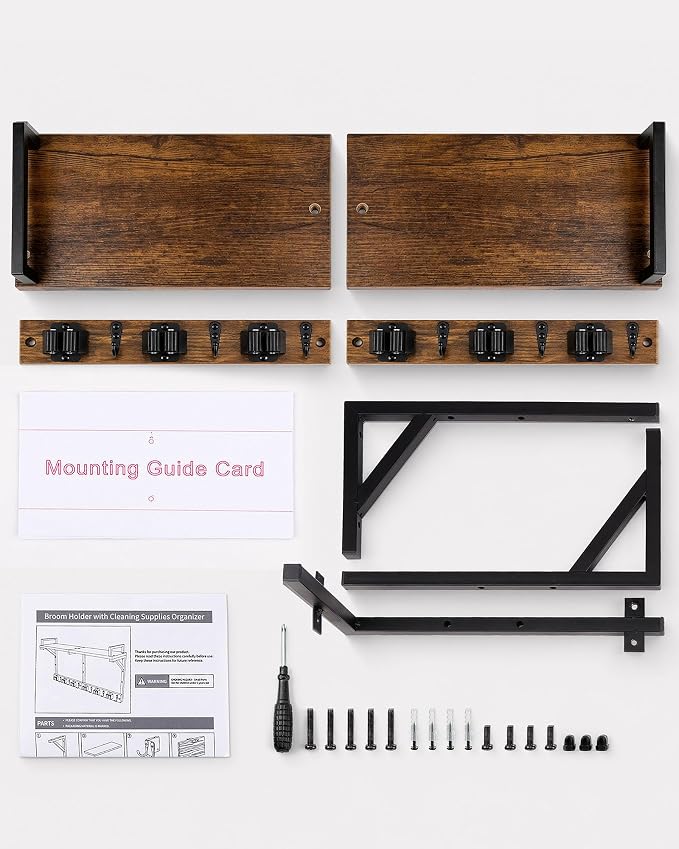 Lorbro Broom Holder Wall Mount with Cleaning Supplies Storage, Heavy Duty Broom and Mop Organizer Wall Hanging, Wooden Mop Organizer Hanger, 3 in 1 Storage Shelves for Laundry Room, Garage, Closet