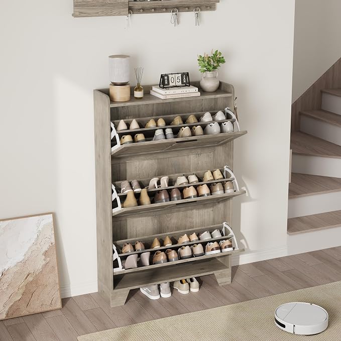 Garvee Shoe Storage Cabinet with 3 Flip Drawers, Freestanding Shoe Organizer Storage for Entryway with 2 Side Hooks, Farmhouse Hidden Slim Narrow Shoe Rack Cabinet, Gray