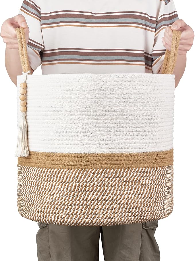 Mkono Woven Storage Basket Decorative Natural Rope Basket Wooden Bead Decoration for Blankets,Toys,Clothes,Shoes,Plant Organizer Bin with Handles Living Room Home Decor, 16"W×13.8"L, White and Brown