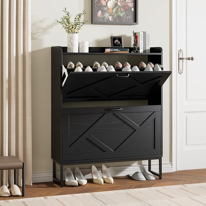 Nicetree Shoe Storage Cabinet with 2 Flip Drawers, Freestanding Shoe Organizer, Shoe Cabinet with Metal Legs, Farmhouse Slim Shoe Cabinet for Entryway, Foyer, Hallway, Black