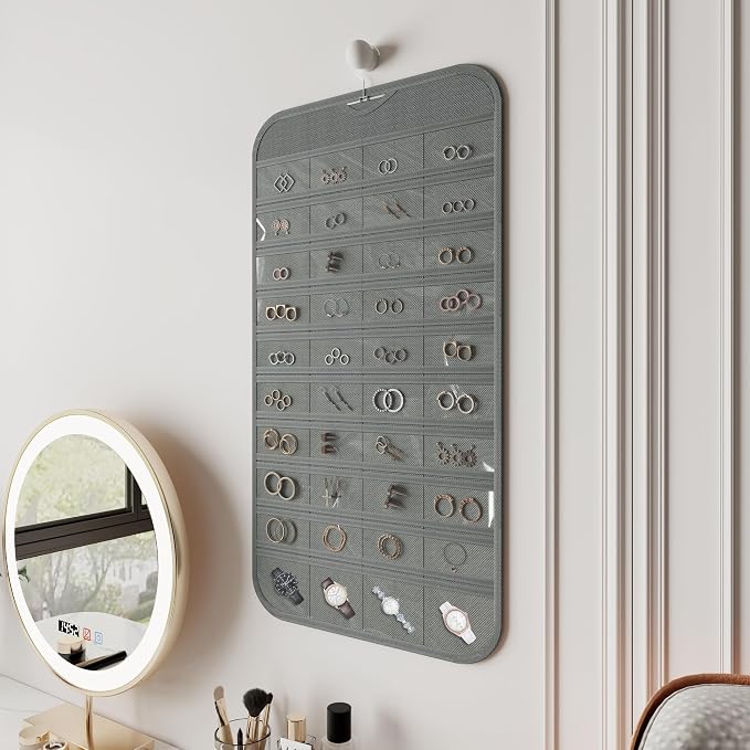 Hanging Jewelry Organizer 80-Pocket Double-Sided Storage, 2-Pack, Gray | Foldable clear PVC 80-pocket storage; swivel hook fits walls, doors & rods to organize earrings, necklaces, bracelets & rings