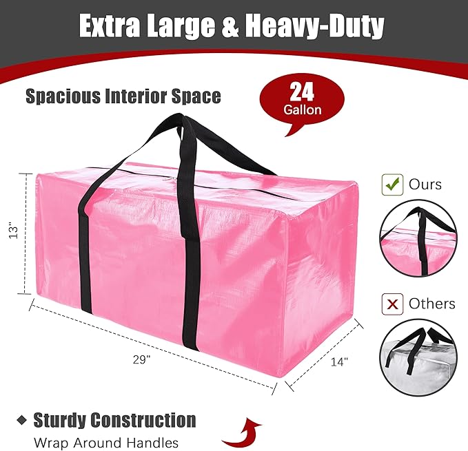PANDA JOYS 8 Pack Extra Large Moving Bags with Zippers & Carrying Handles, Heavy-Duty Storage Tote for Space Saving Moving Storage, Fold Flat, Alternative to Box and Bin,Pink