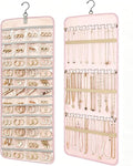 Hanging Jewelry Organizer, Double-Sided Jewelry Organizers and Storage with 48 Pockets and 21 Hooks for Necklaces Earrings Rings, Jewelry Travel Roll Over the Door for Closet Wall (1, Pink)