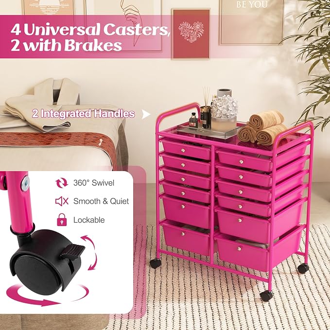 DREAMADE Rolling Cart with Storage Drawers, Utility Cart with Removable Plastic Drawers, Lockable Wheels, Art Cart for Classroom Organization Art Supplies Office Scrapbook (12 Drawers, Hot Pink)