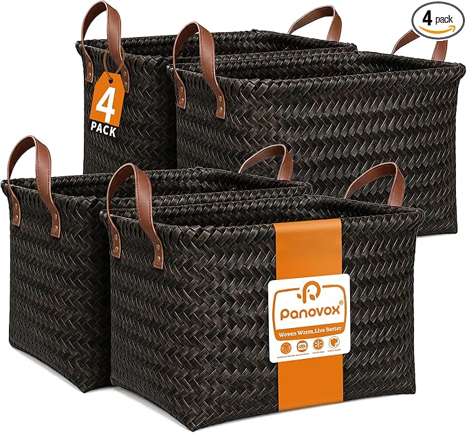 Hand Woven Baskets for Storage, 4Pcs Water-Resistant Wicker Baskets, Dark Gold Wicker Storage Baskets for Shelves, Large Basket with Handle for Organizing, Laundry, Blanket-Rectangular