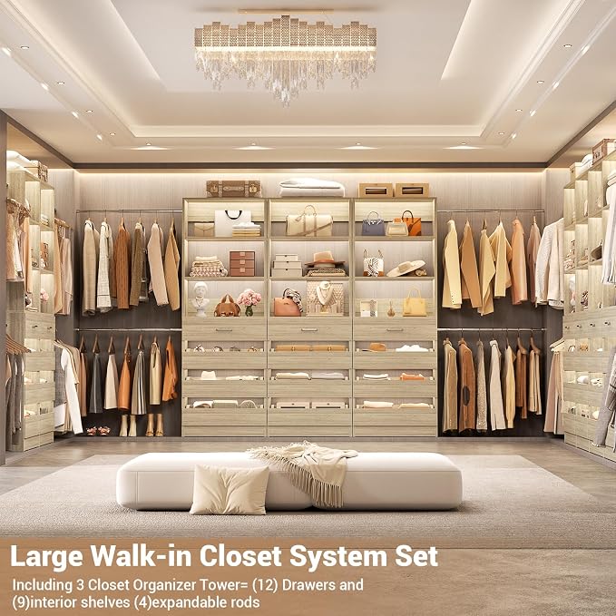 Aheaplus Closet System with 12 Drawers, 8.5-11.5Ft Wood Closet Organizer System with 4 Hang Rods & 3 Towers, 4Ft & 6Ft L-Shaped Walk-in Closets Wardrobe Organizer Clothes Rack, Set of 3, White Oak1