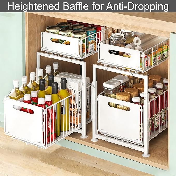 Under Sink Organizer, 2-Tier Multi-Use Kitchen and Bathroom Organizers and Storage, Slide Out Thickened Metal Under The Sink Organizer for Kitchen Bathroom Pantry (Style A White, 1 Pack)