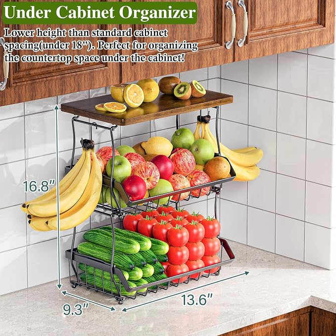 OKZEST 3-Tier Fruit Basket Fits Between Countertop & Upper Cabinet, 16.8" H | Includes wood top & banana hangers, Stackable kitchen countertop organizer, Holds potato, onion, bread, snack, fruit, veggie