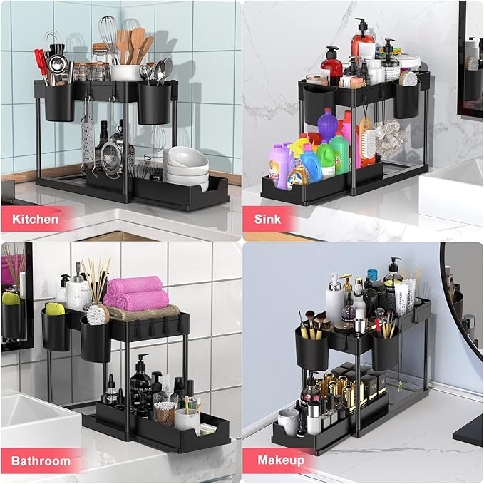 Under Sink Organizers and Storage, 2 Tier Black Bathroom Cabinet Organizer with 4-Height Adjustable Telescopic Tube,4 Removable Dividers,4 Hooks,1 Cup, Kitchen Under Sink Organizer,1 Pack