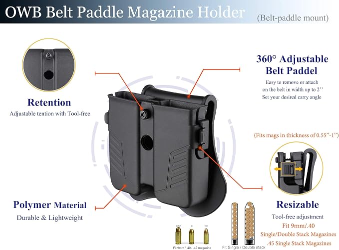 Double Magazine Holster Universal fit 9mm 380 10mm .40 .45 Pistol Magazines | Adjustable Retention Mag Holder Pouch for Glock/Sig sauer/S&W/Beretta/Taurus/Springfield/Ruger/1911 Single & Double Stack Mag