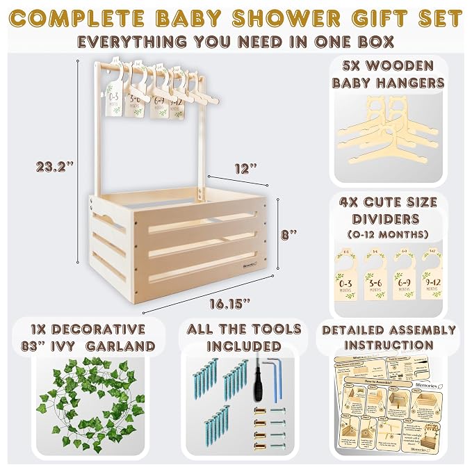 Wooden Baby Shower Crate Closet with Clothes Hangers & Dividers, Large Gift Basket for Boys & Girls, Wood Box Storage & Display with Handles & Ivy Garland, Welcome Gifts for New Parents.