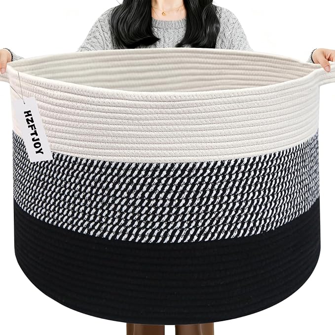 115L Extra Large Blanket Basket,Woven Rope Laundry Basket Hamper with Handles, Decorative Nursery Basket Storage Bin for Toys, Clothes Organizer, Living Room, Bedroom, Bathroom, Black