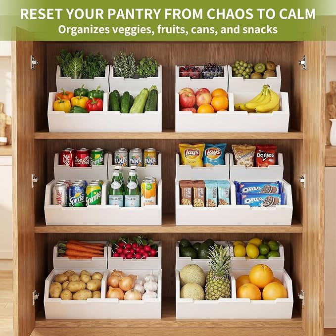 Bamboo Pantry Storage Bins, Potato and Onion Storage Bins for Countertop | Open Front Storage Bins, Large Capacity, Stackable Design, Cut-out Handles, FSC-certified Bamboo, No Assembly, White