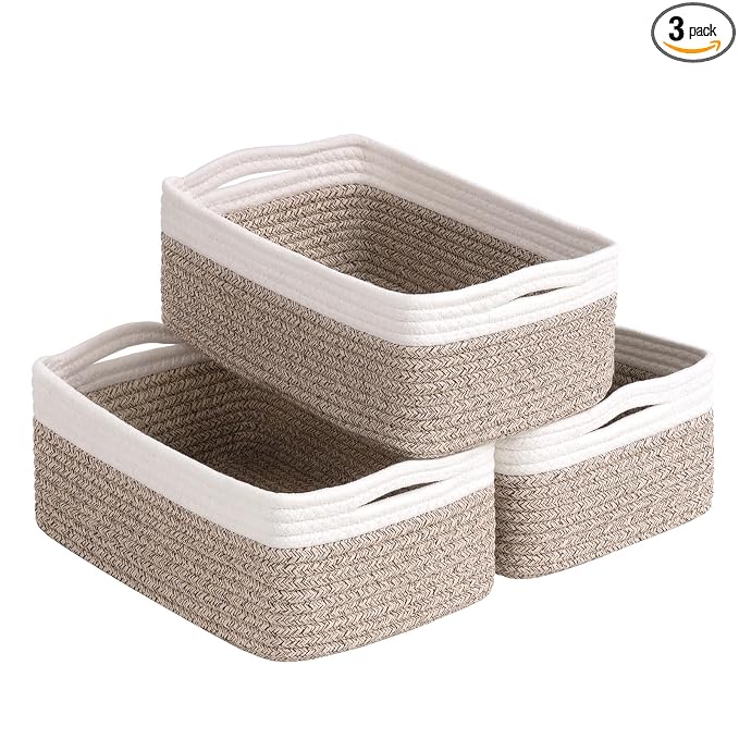 Goodpick Baskets for Organizing, 11 x 7 x 4.5 in, Baskets for Shelves, Toy Storage, Home Decor, Dorm Decor 3 Pack for Bathroom, White & Light Brown