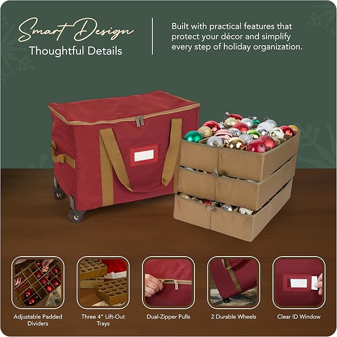 Covermates Keepsakes Rolling Adjustable Ornament Storage Bag – Heavy-Duty Polyester, FlexGrid Trays & Padded Dividers – Protective Holiday Organizer with Wheels, Handles & ID Window, Red