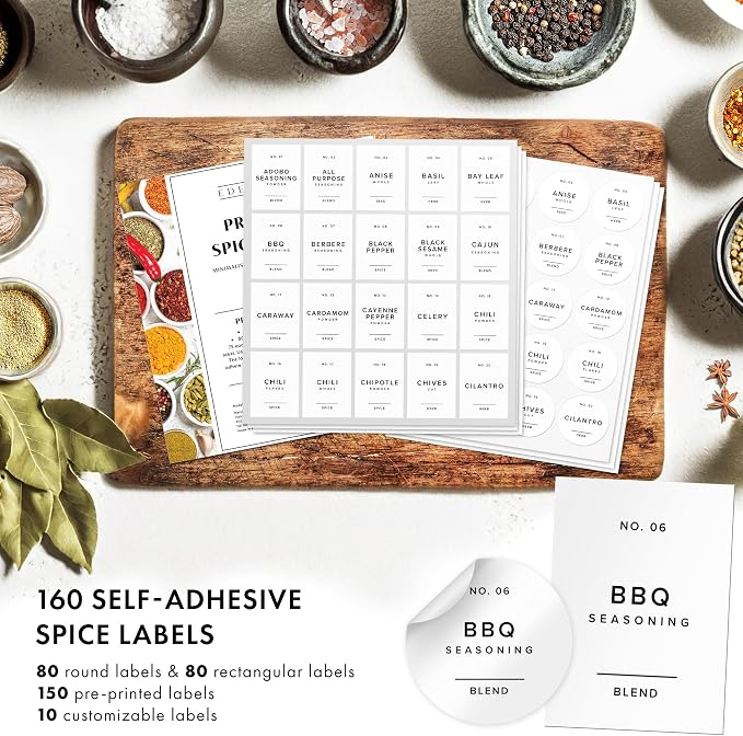 EDELHAUS Minimalist Spice Container Labels Self-Adhesive - 160 Stickers for Spice Jars, Spice Jars & Drawers, Round & Rectangular, Waterproof Spice Organiser Labels for Kitchen Organisation (White)