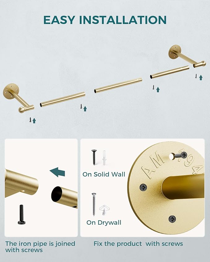 OROPY 33" Industrial Pipe Clothing Rack, Wall Mounted Clothes Rack 2 Pack | Gold, Closet Rods for Hanging Clothes, Multi-purpose Hanging Rod for Laundry Room, Bedroom and Closet Storage
