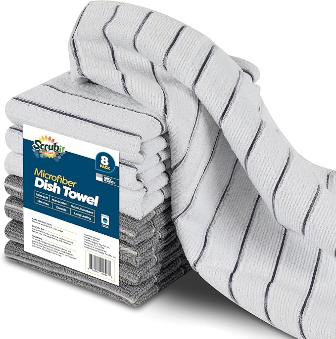 SCRUBIT Microfiber Kitchen Towels - 12" x 12" Microfiber Cleaning Cloth - Soft, Absorbent & Durable Dish Towels for Washing Dishes – Grey and White Microfiber Towel & Cleaning Rags (Grey & White, 8)