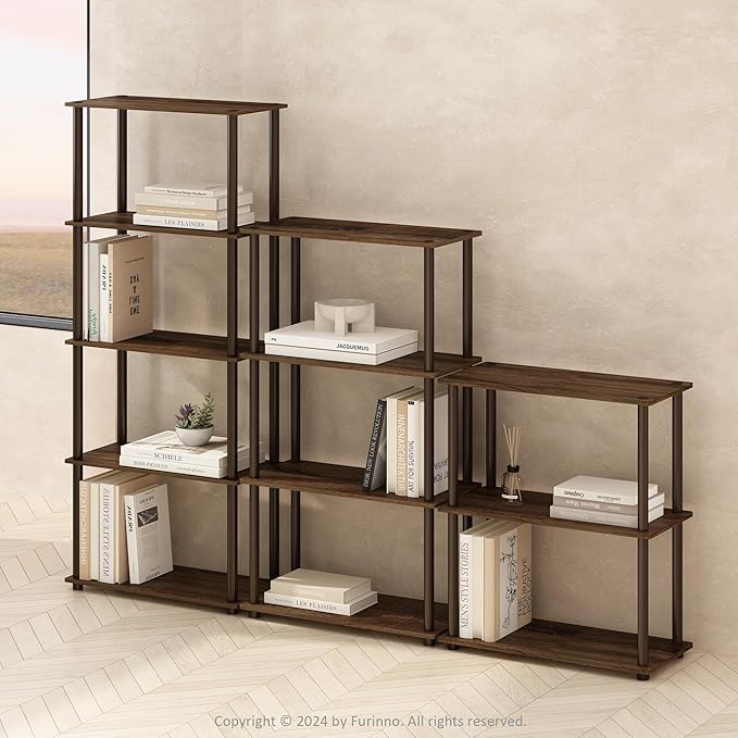 Furinno Turn-N-Tube Book Shelf, 5-Tier Bookshelf, Bookcase with Multipurpose Compact Display Rack, 11.6 x 23.6 x 57.4, for Living Room, Bedroom, Home Office, Walnut/Brown