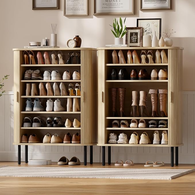 ONBRILL 6-Tier Shoe Cabinet with Sliding Door, Wooden Shoe Storage Cabinet with Adjustable Shelves, Mid-Century Modern Freestanding Shoe Storage Organizer for Entryway, Hallway, Living Room, Oak