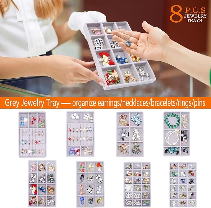 8Pack Jewelry Drawer Organizer Inserts, Stackable Jewellry Case Velvet Jewelry Tray for Necklaces, Earring, Rings Bracelet