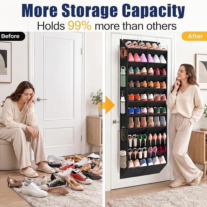 UVIAHOMI 20-30 Pairs Over the Door Shoe Organizer with Side Mesh Pockets, 10-Tier Hanging Shoe Storage for Closet, Breathable Door Shoe Rack Holds Sneakers, Boots, Heels & Daily Essentials, Black