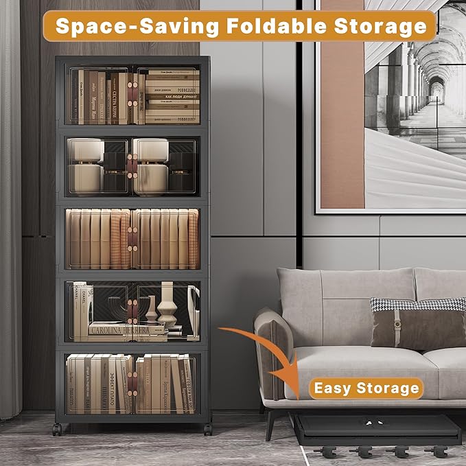UAMFURI Stackable Storage Bins with Lids 240QT-48QT*5Pack Folding Storage box with Doors and Wheels, Collapsible Plastic Bins Stackable Organizer and Containers for Home, Garage, Office