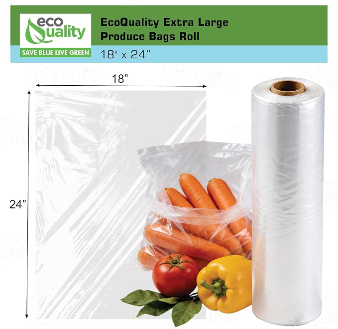 EcoQuality 18" x 24" Plastic Produce Bags on a Roll - 250 Clear Food Storage Bags for Vegetables, Fruits, Bread, Pet Waste, Grocery, Supermarket (16)