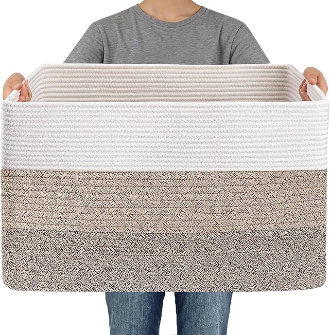 JMvicyroam Woven Blanket Basket,65L Large Storage Bin for Blankets Toys Clothes,Decorative Rope Basket for Living Room Bedroom with Handles, White&Brown