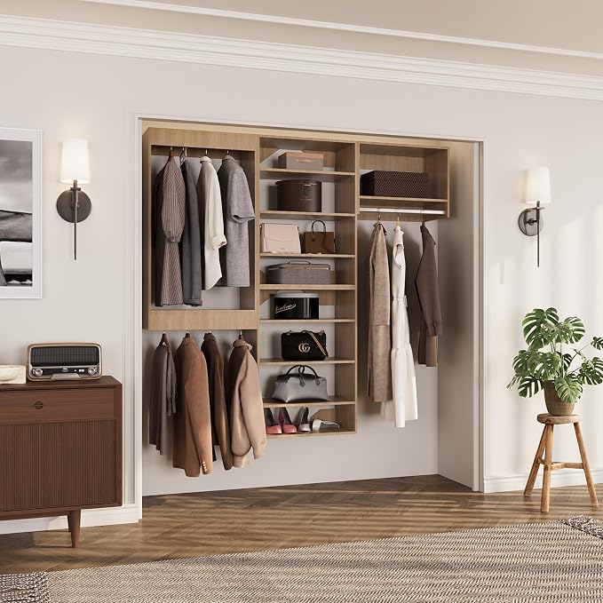 ROOMTEC Modular Closet System, 66" Wall-Mounted Closet Organizer with Hanging Rods, Modern Wooden Tower for Walk-In Closets, Wardrobe Storage Kit, Wood