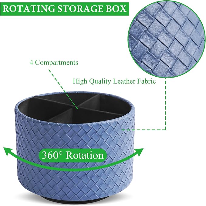 Round Leather Art Supply Organizer,Remote Control Holder,360 Degree Spinning,Multi-Functional Pencil Holder,4 Compartments Desktop Stationary Organizer(1-Weave Blue)