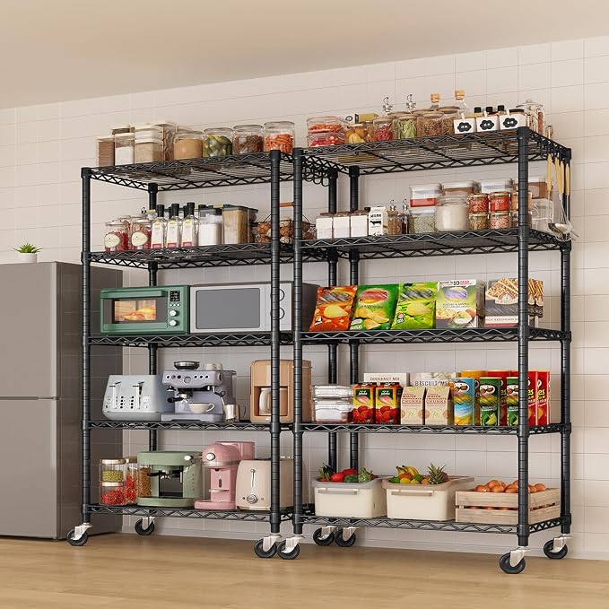 Wire Storage Shelves with Wheels: 5 Tier Adjustable Metal Shelving Unit, Heavy Duty Bakers Rack Rolling Pantry Shelf Organizer for Closet, Kitchen, Laundry 24" W x 18" D x 75" H, Black, 2PCS